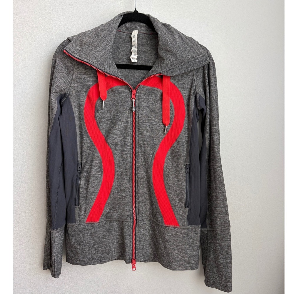 Lululemon Scuba Hoodie Full Zip Jacket Gray Red Logo Thumbholes Womens Size 6